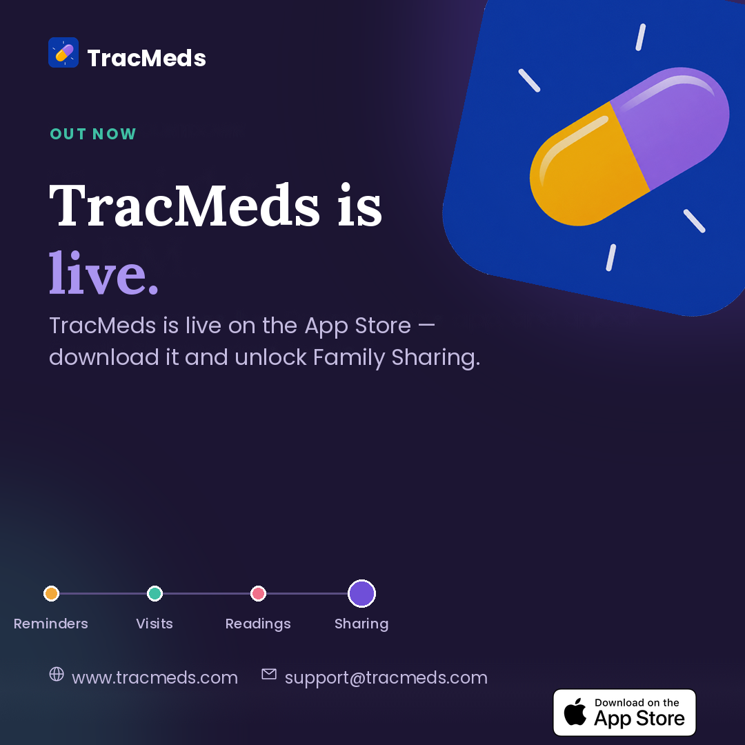 TracMeds is live on the App Store — download it and unlock Family Sharing.
