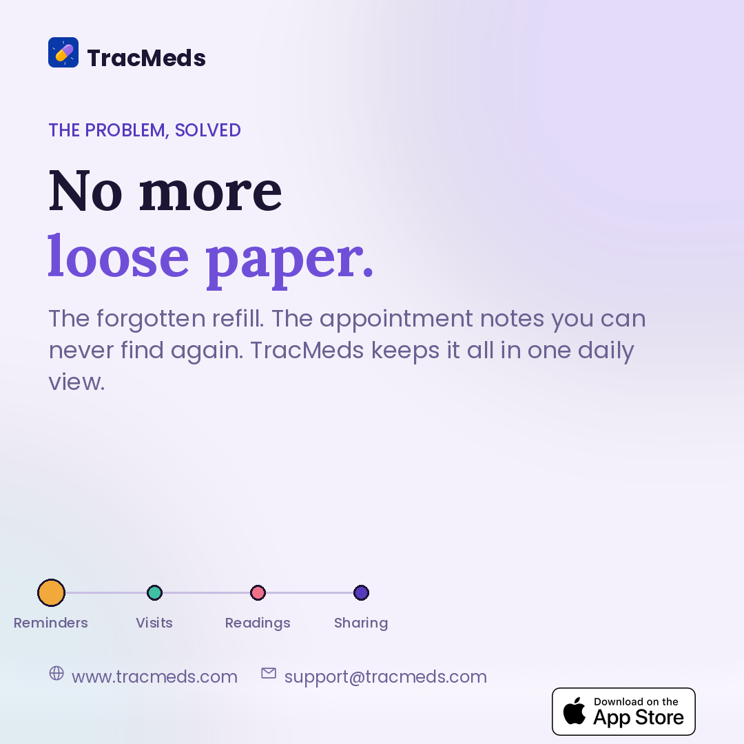 No more loose paper — TracMeds keeps medicine reminders and appointment notes in one daily view.